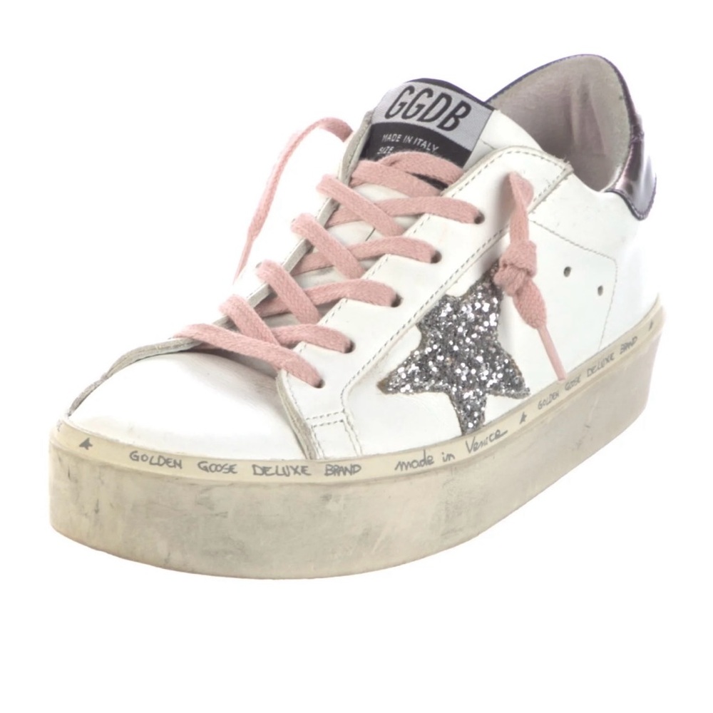 Golden Goose White Sneakers with Pink Laces and Silver Glitter Star